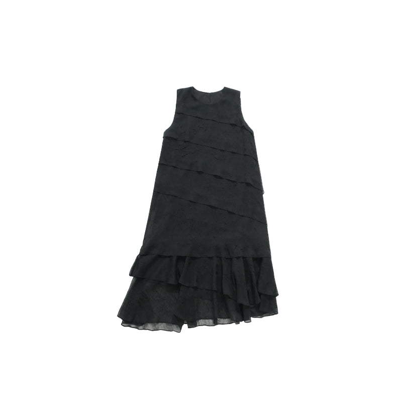 Irregular fishtail pleated sheer-flowing sleeveless midi dress, slimming and airy