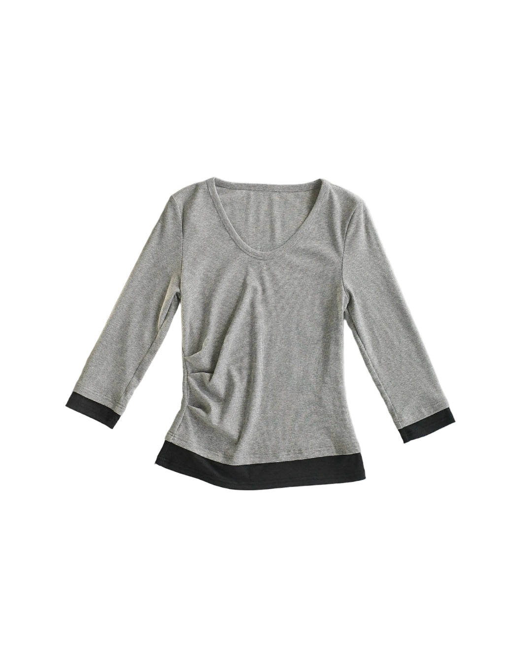 Fitted Mid-Sleeve Ribbed Top with Contrast Detail