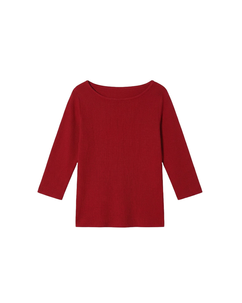 悠悠Ribbed Boat-Neck Mid-Sleeve Fitted Top