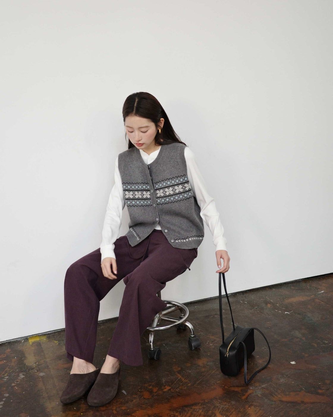 フレンチシック ピコ刺繍 ヘンリーネック リブTシャツ