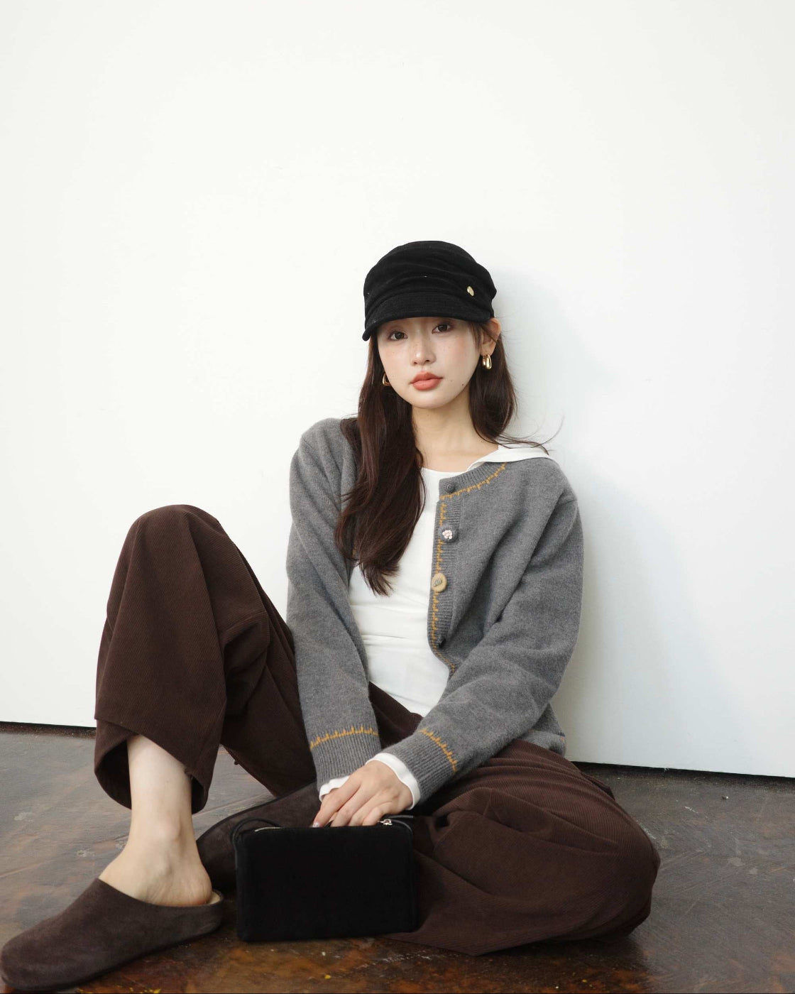 バイカラー & ポップコーン編み ソフト構築カーディガン