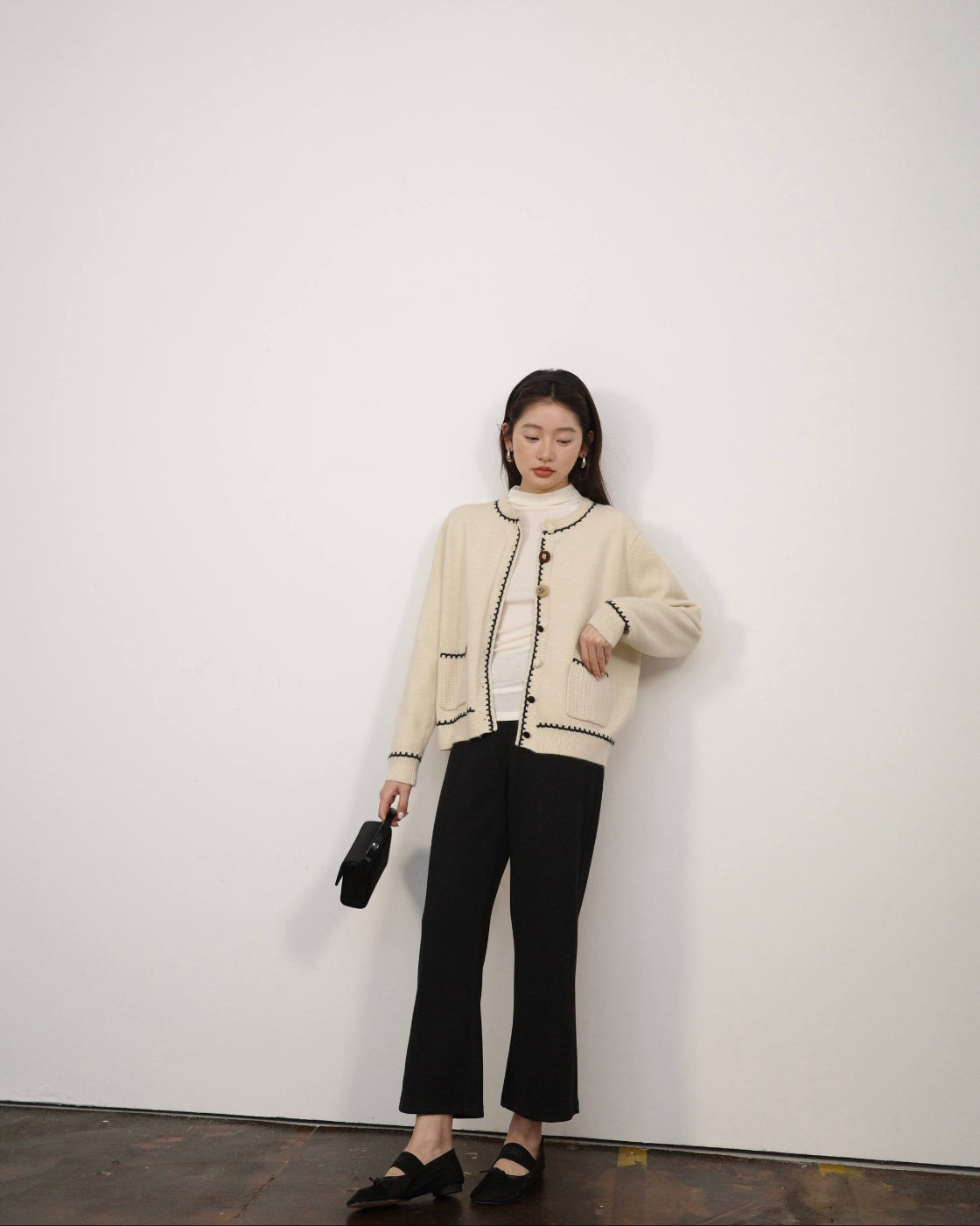 バイカラー & ポップコーン編み ソフト構築カーディガン