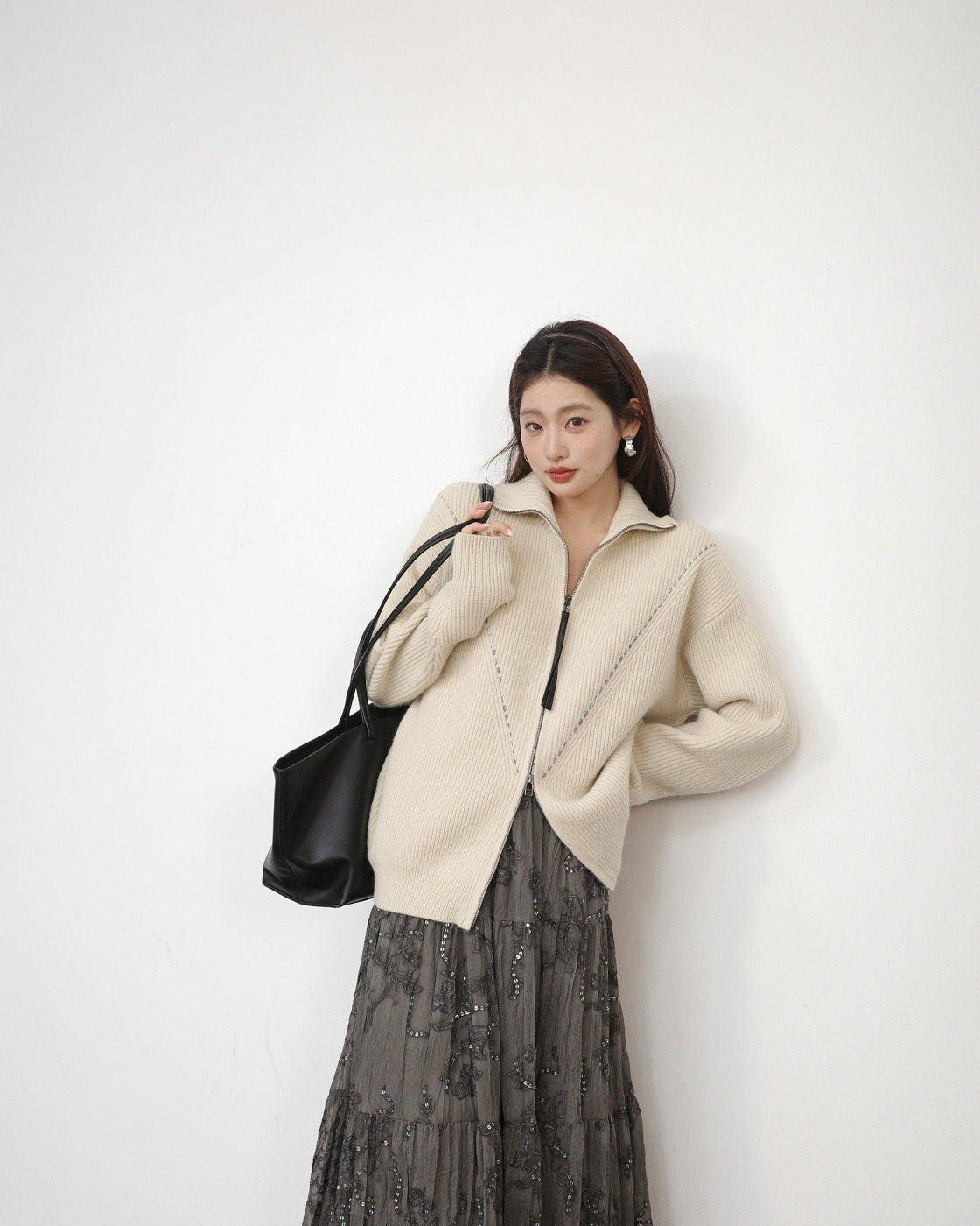 ダブルジップ ハイネック ニットジャケット