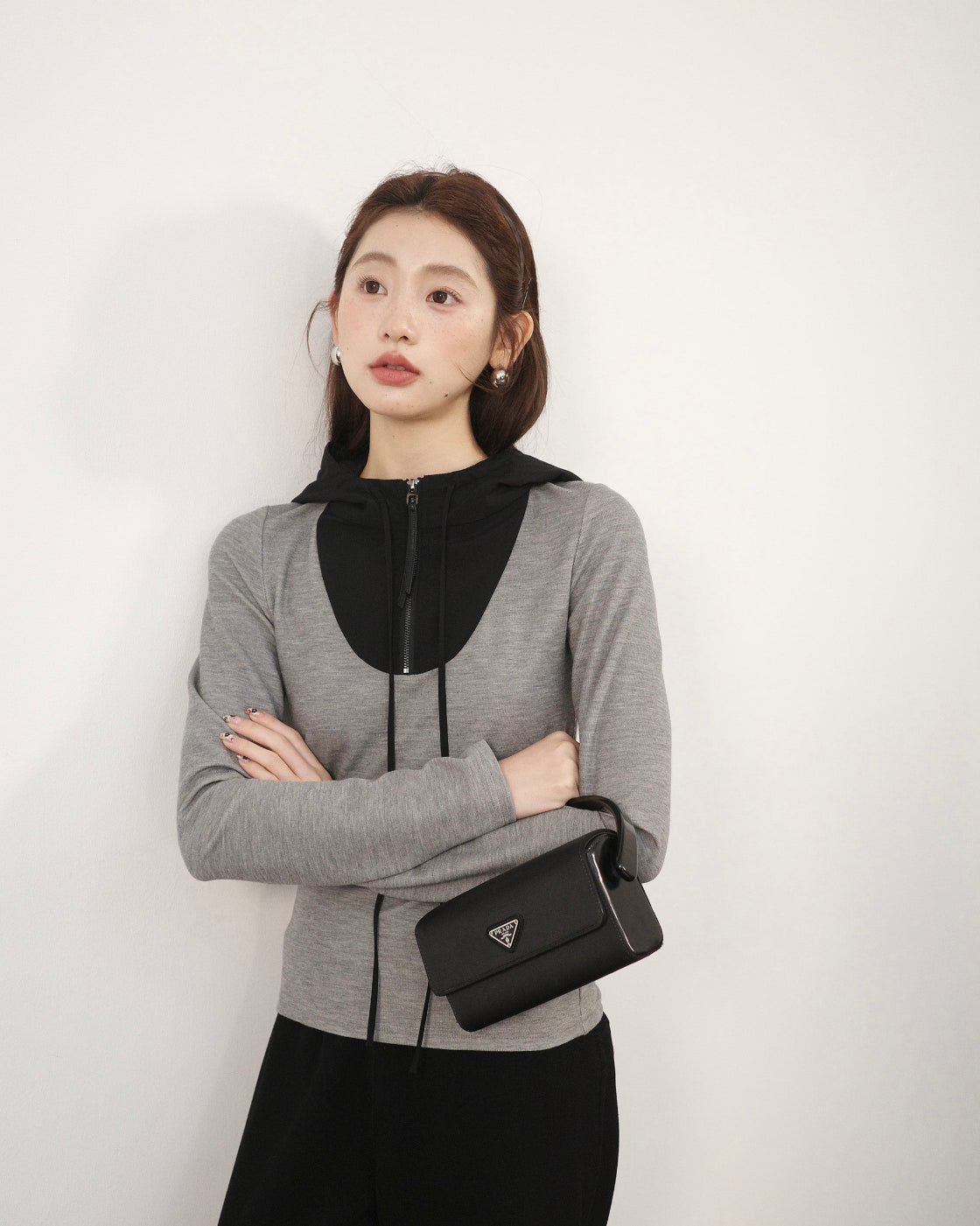 Hooded Contrast Panel Long-Sleeve Casual Sweatshirt Tee
