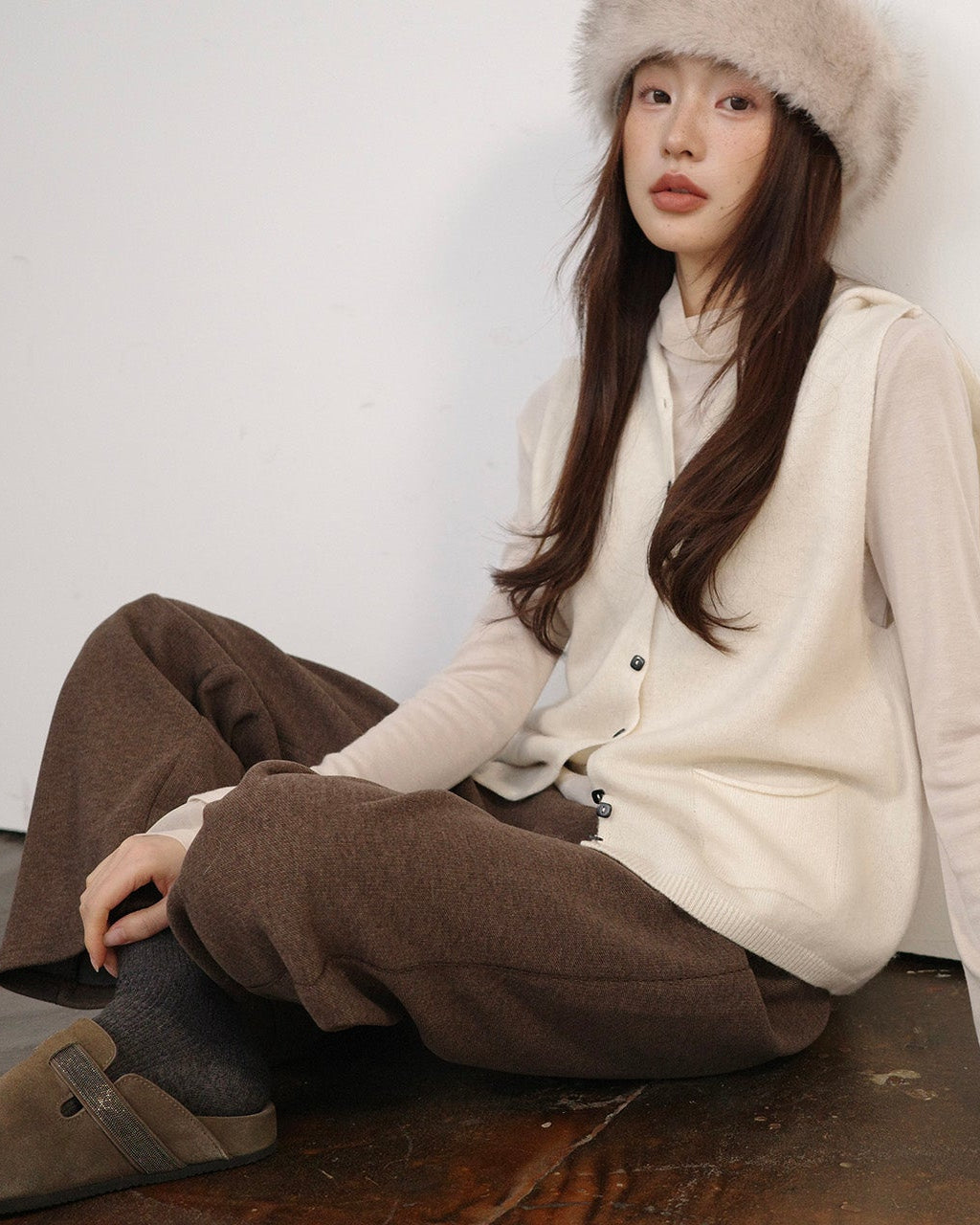 ウールブレンド サイドライン 厚手ニットパンツ