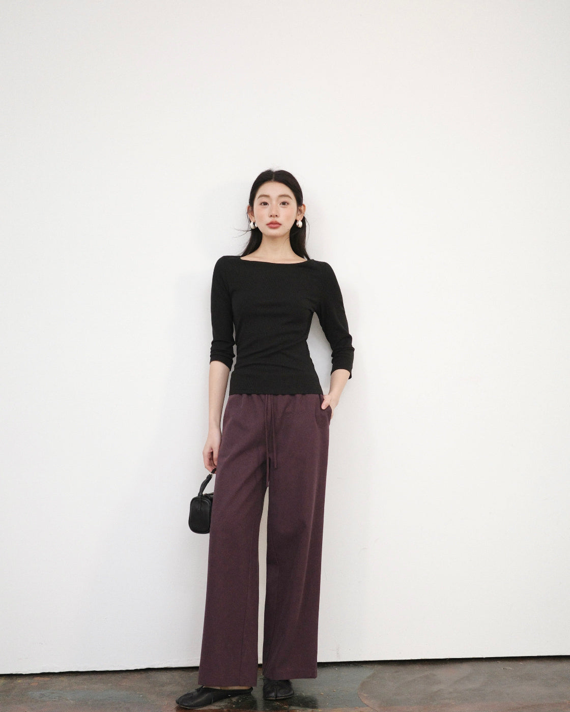 悠悠Ribbed Boat-Neck Mid-Sleeve Fitted Top