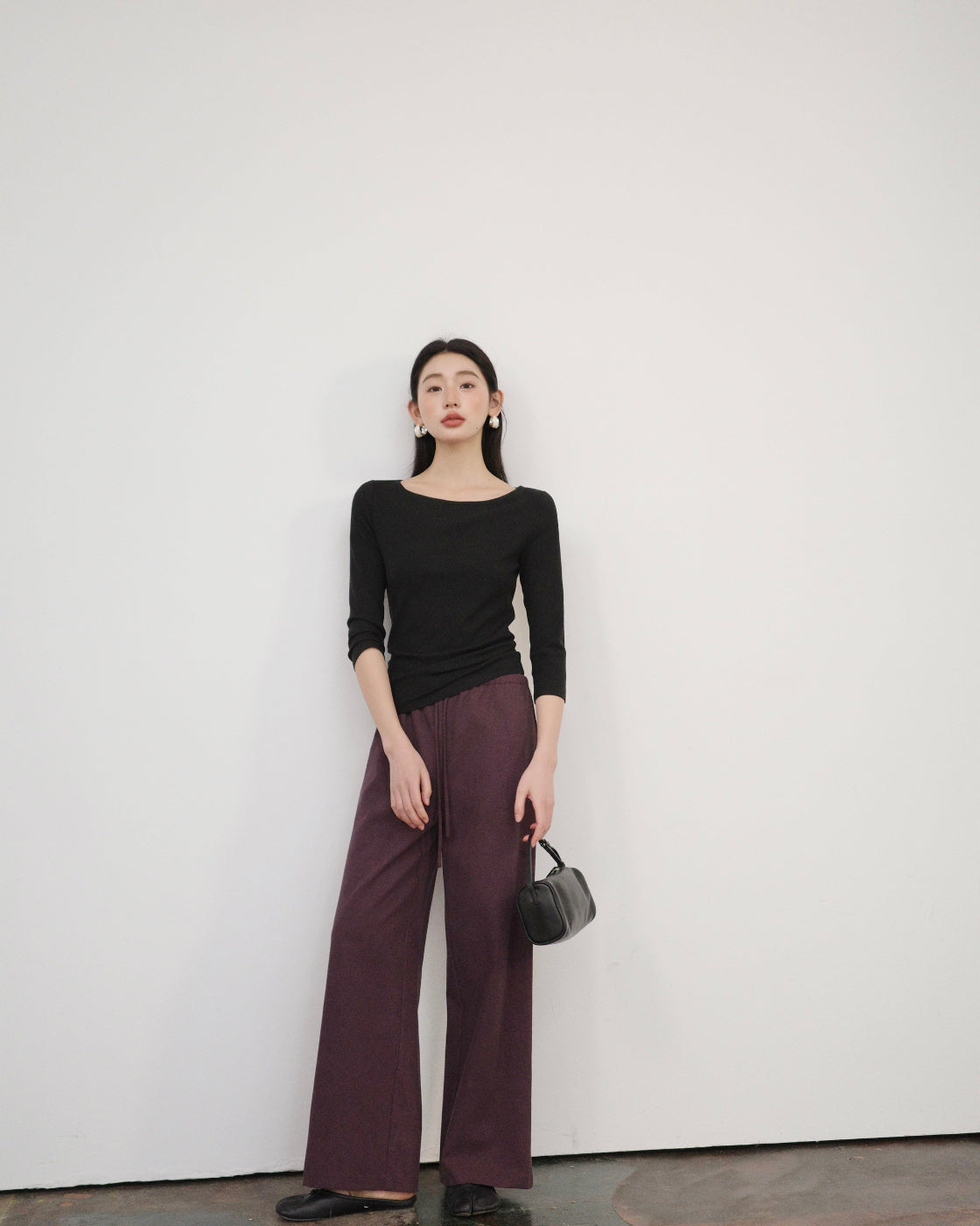 悠悠Ribbed Boat-Neck Mid-Sleeve Fitted Top