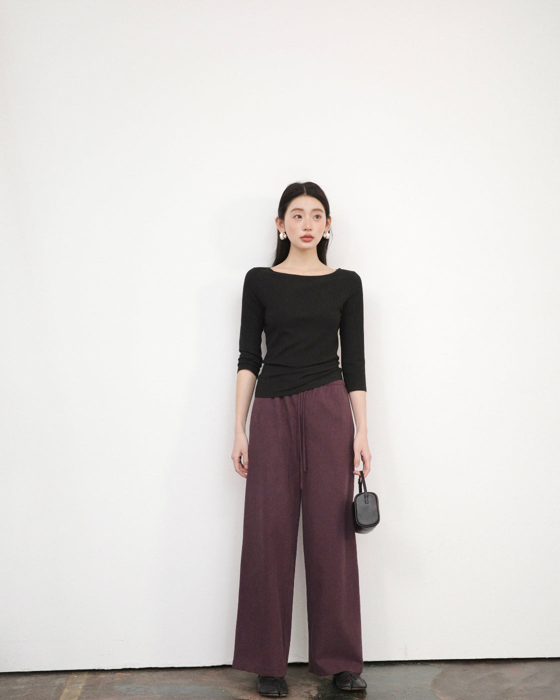 悠悠Ribbed Boat-Neck Mid-Sleeve Fitted Top