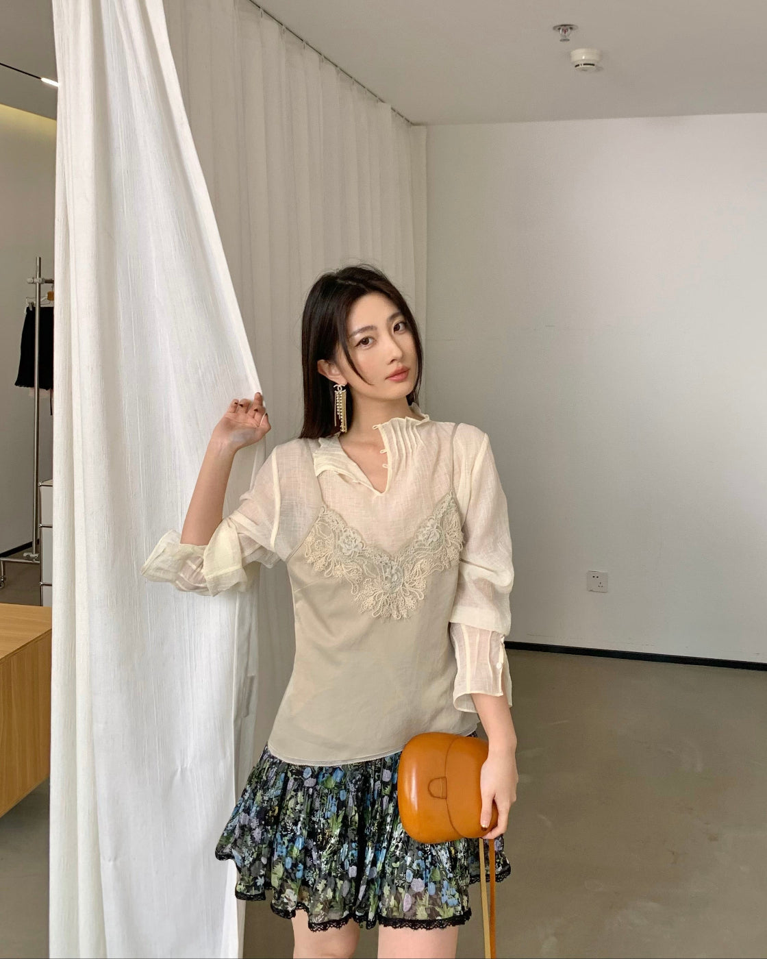 斑斓Floral Print A-Line Midi Skirt with Elastic Waist