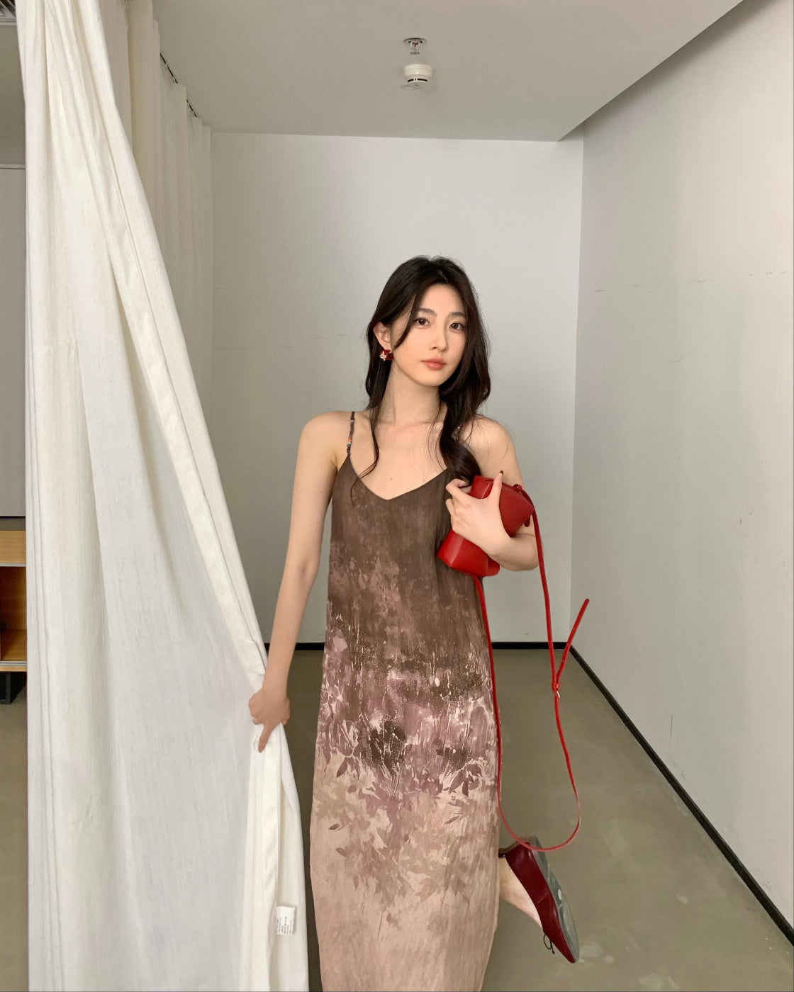 春再Ombré Print Slip Dress with Ceramic Bead Straps