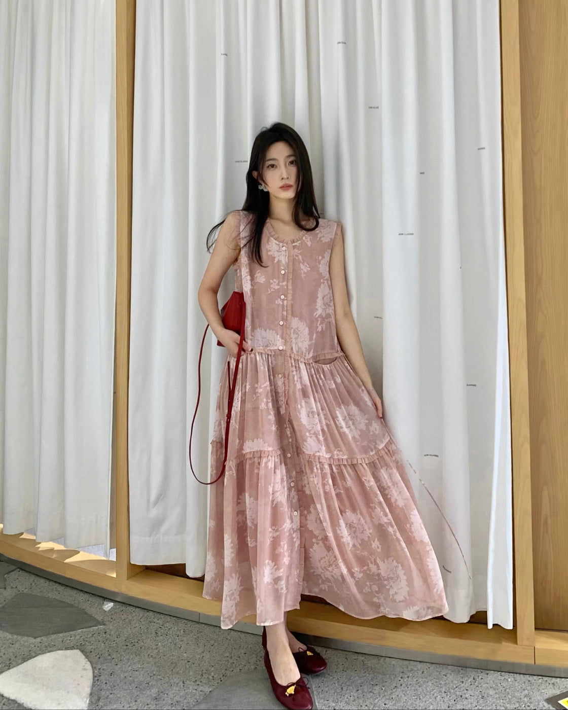 花笙笙Sleeveless Full-Skirt Dress with Pleated Waist