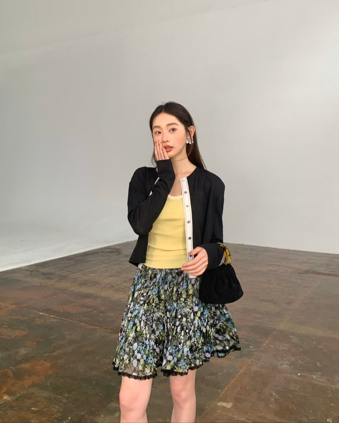 斑斓Floral Print A-Line Midi Skirt with Elastic Waist