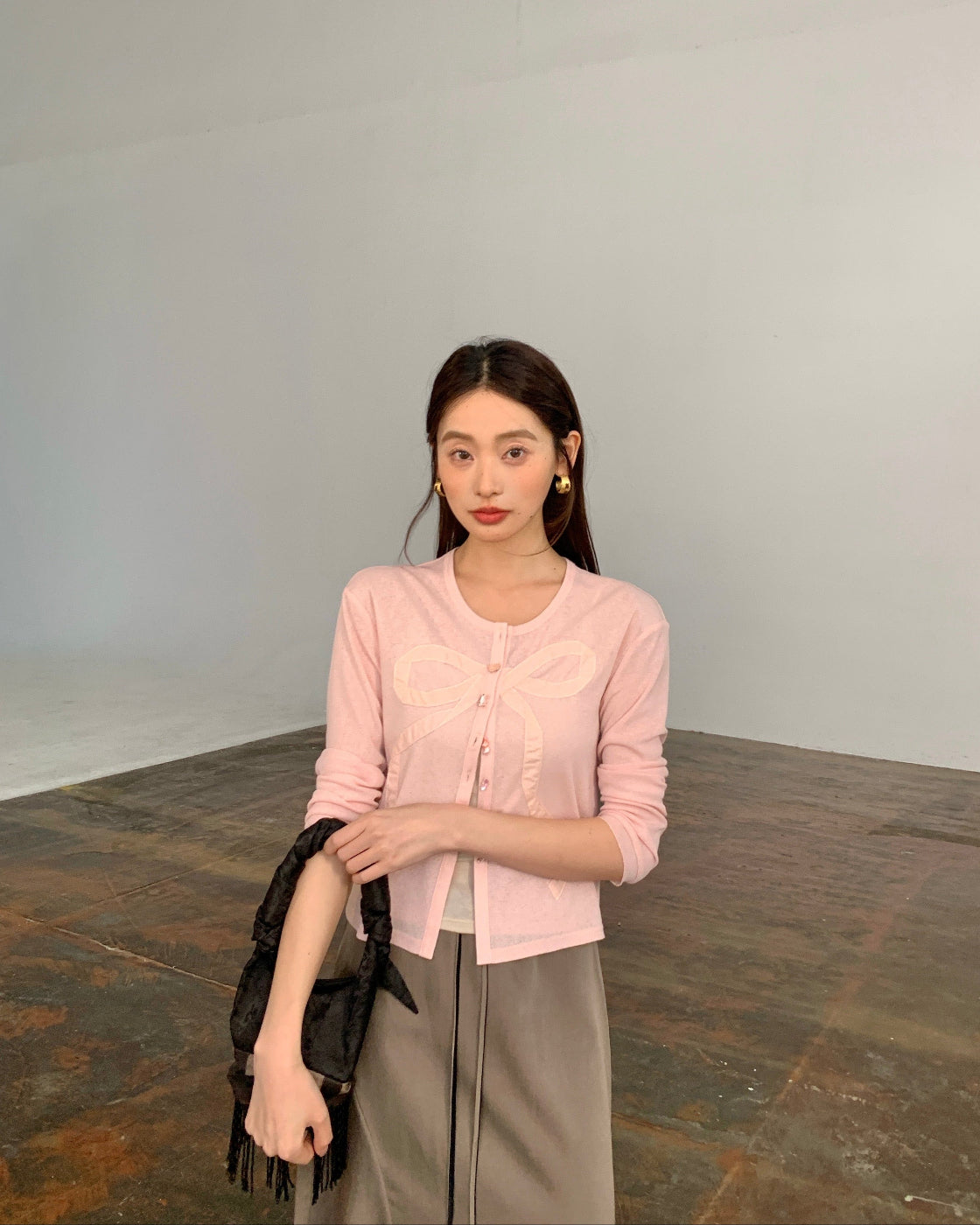 甜渍Sheer Knit Open-Front Cardigan with Bow Detail