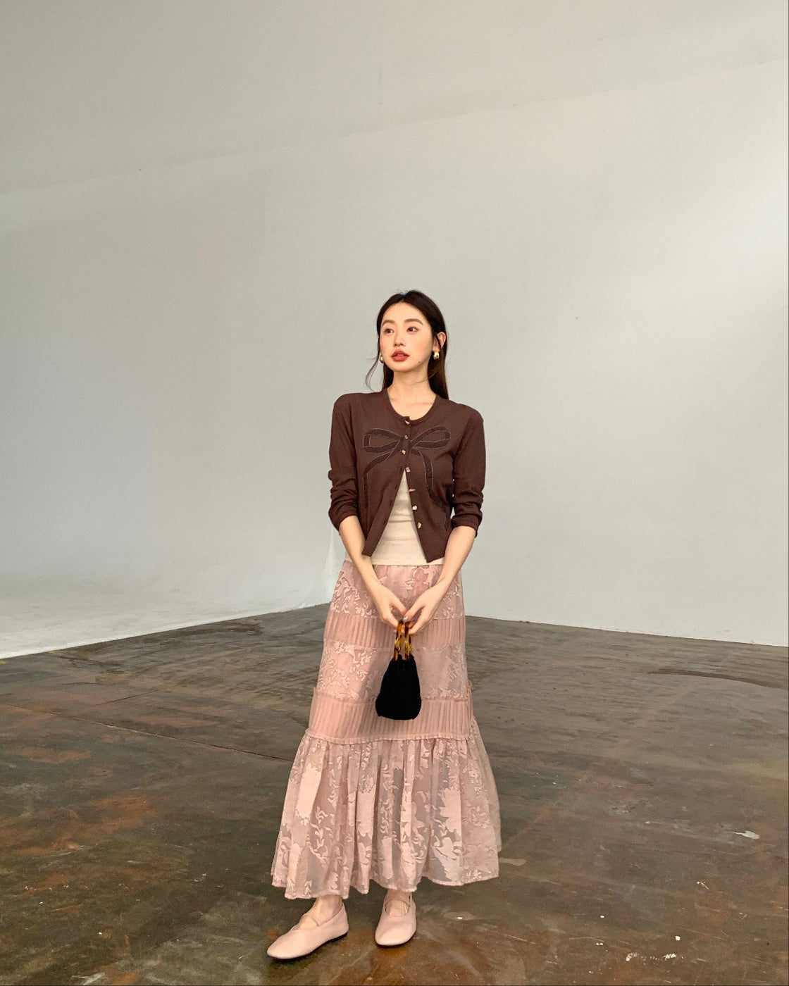 甜渍Sheer Knit Open-Front Cardigan with Bow Detail