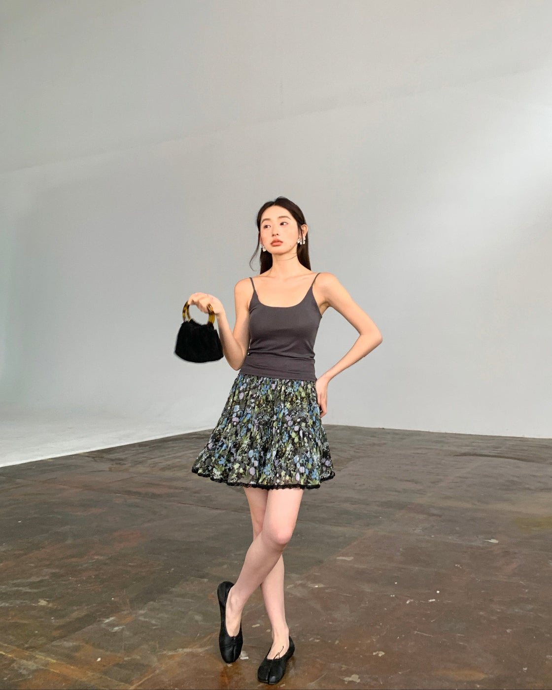 斑斓Floral Print A-Line Midi Skirt with Elastic Waist