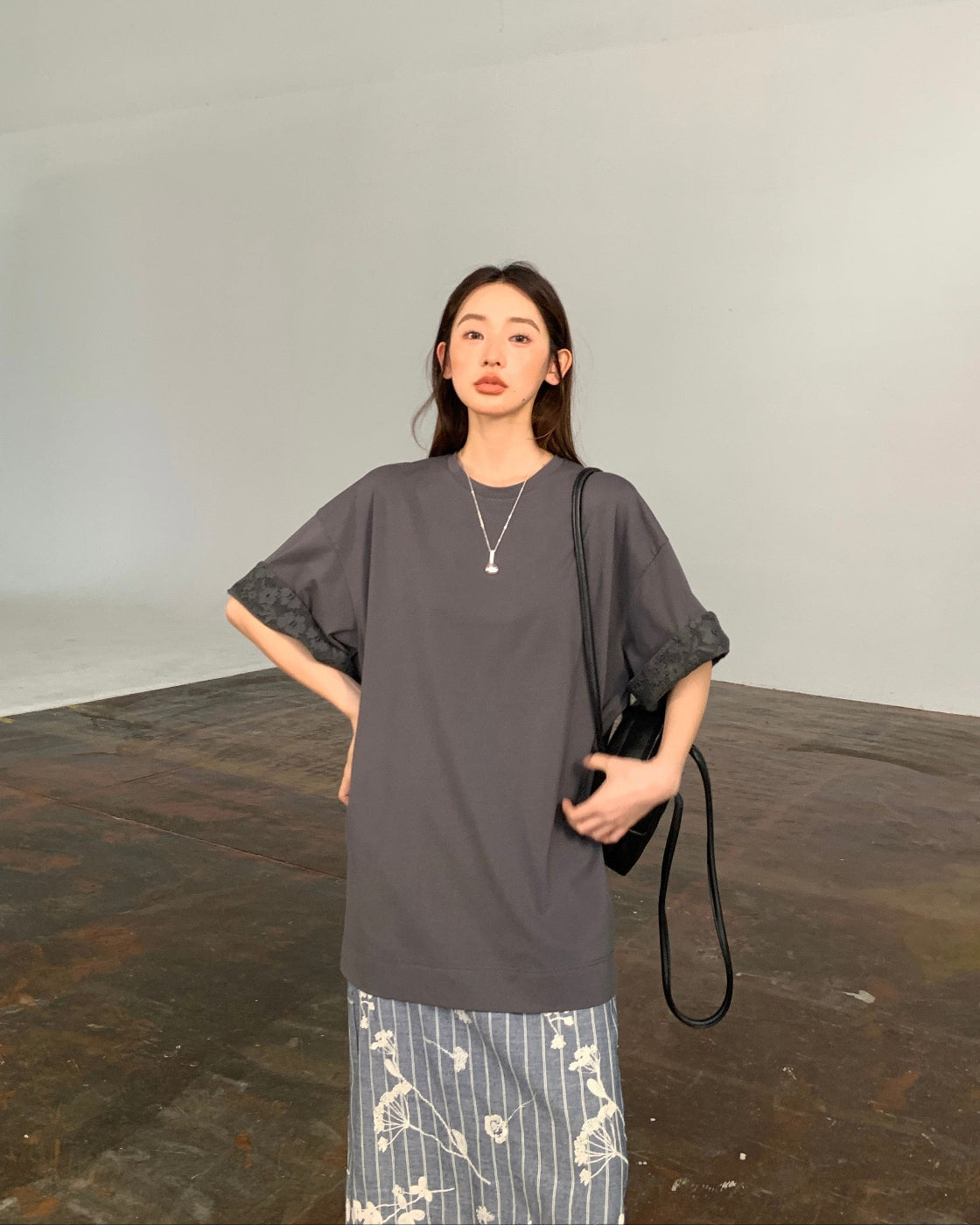 Oversized Drop-Shoulder Tee with Lace Splice