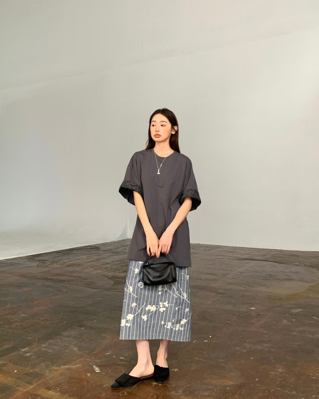 Oversized Drop-Shoulder Tee with Lace Splice