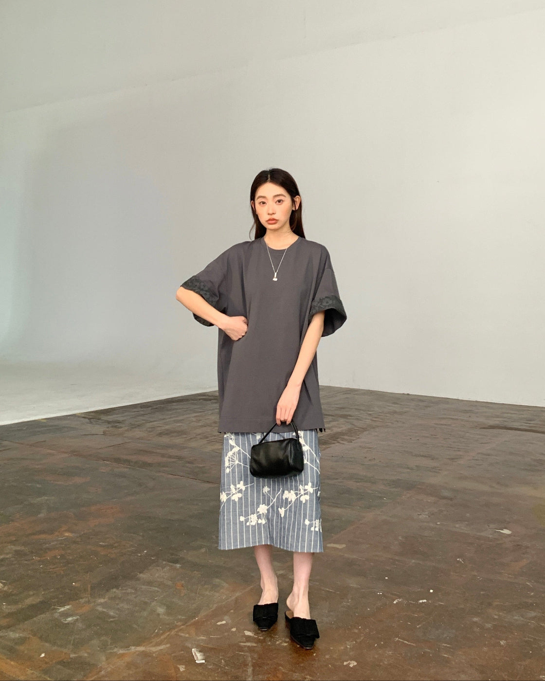Oversized Drop-Shoulder Tee with Lace Splice