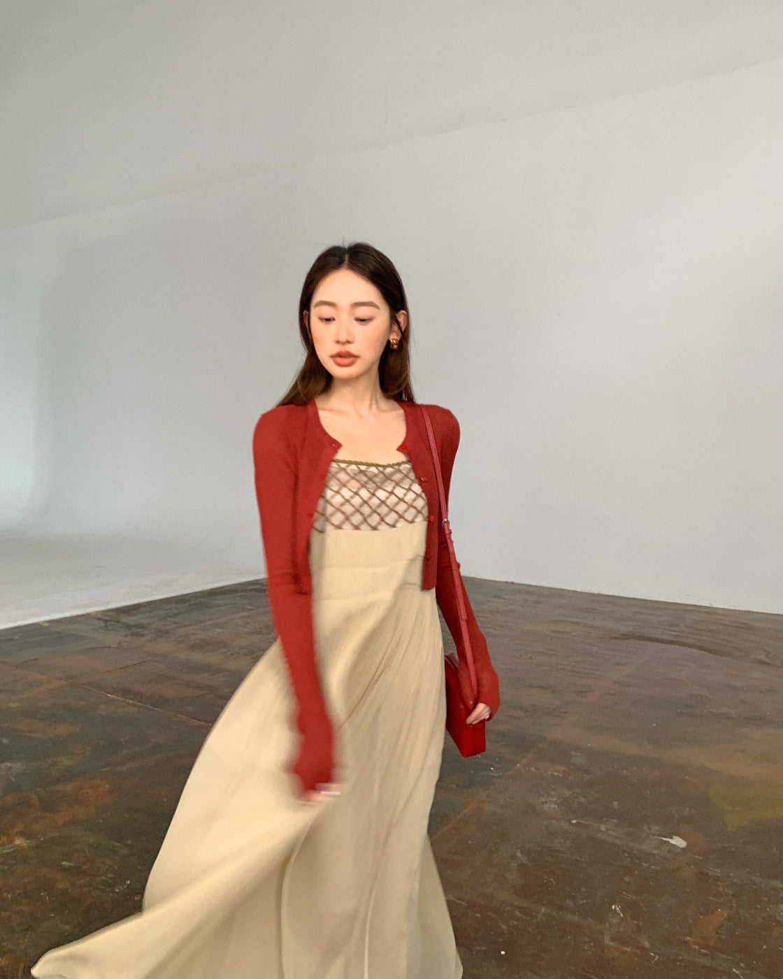 古董Flowy Midi Slip Dress with Lace Splice & Waist Belt