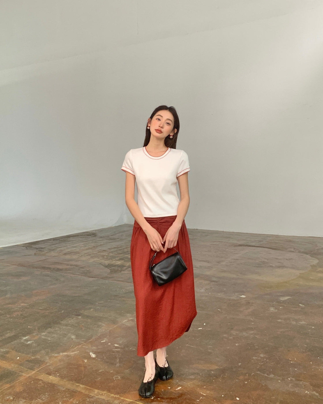 樱桃红Embroidered Stretch Short-Sleeve Tee