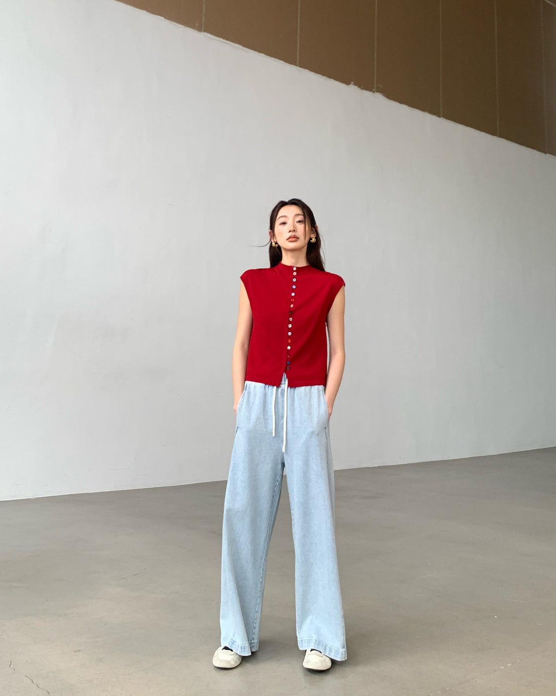 Summer thin knit top with elegant mock neck, slim fit and slimming T-shirt style