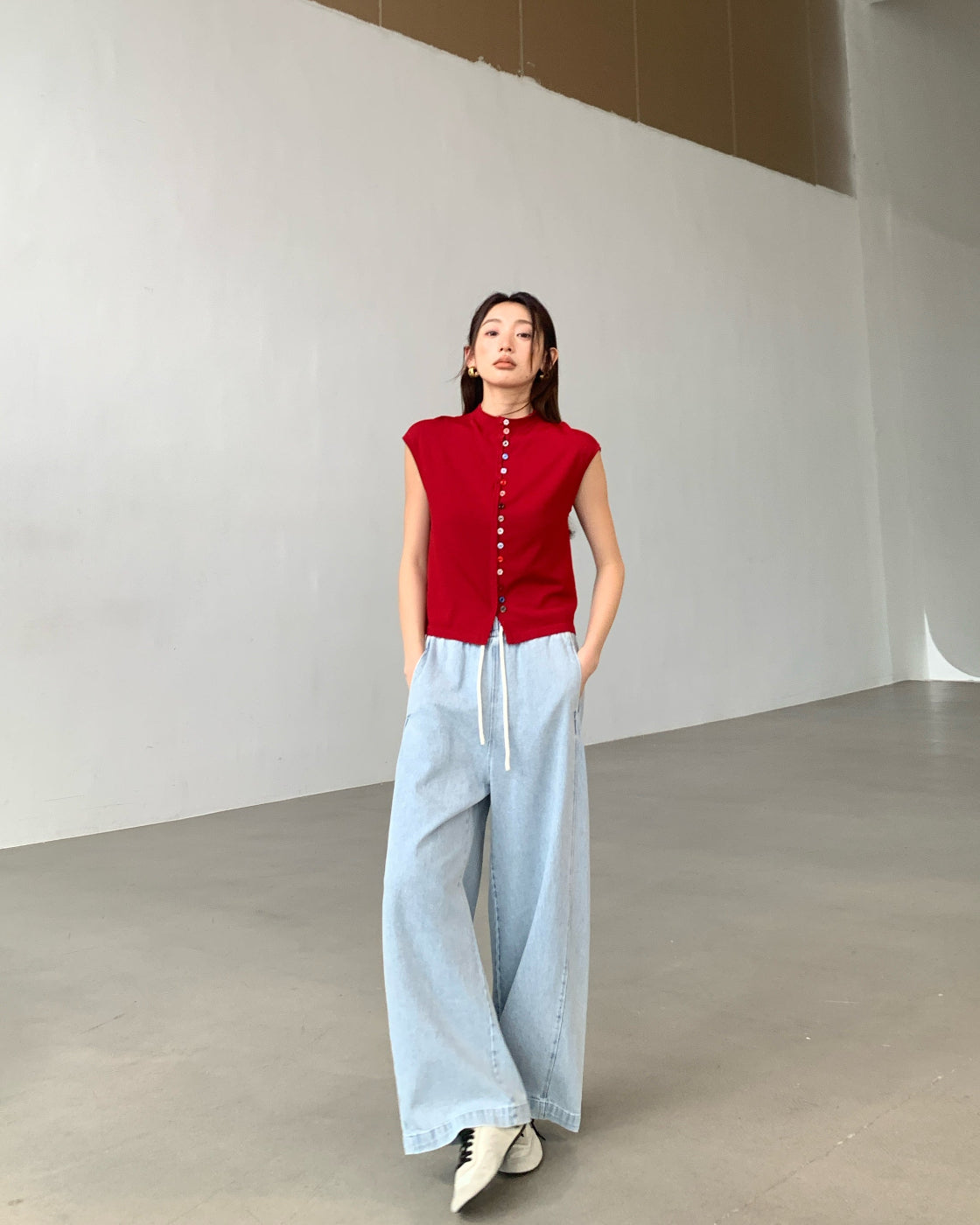 Summer thin knit top with elegant mock neck, slim fit and slimming T-shirt style