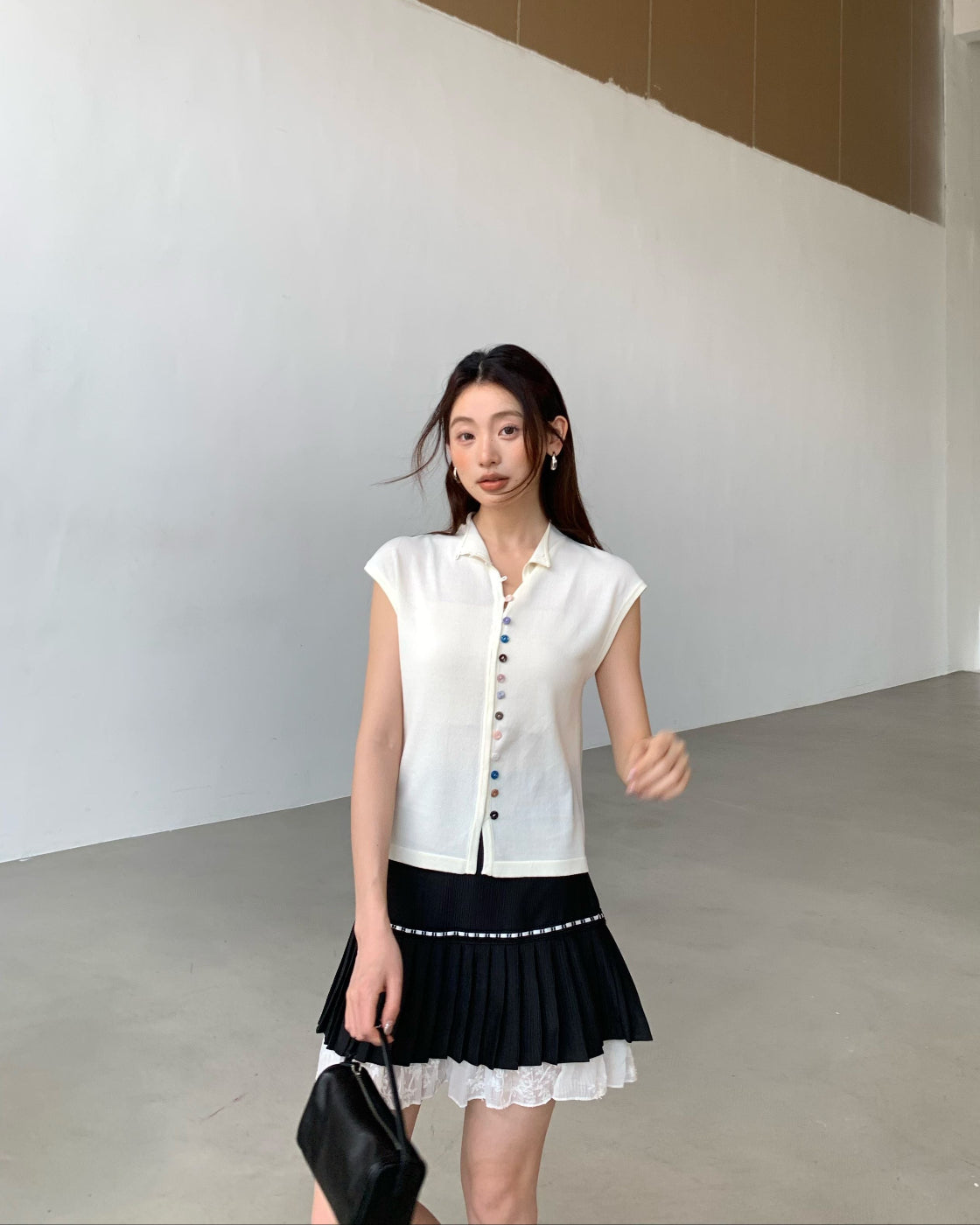 Summer thin knit top with elegant mock neck, slim fit and slimming T-shirt style