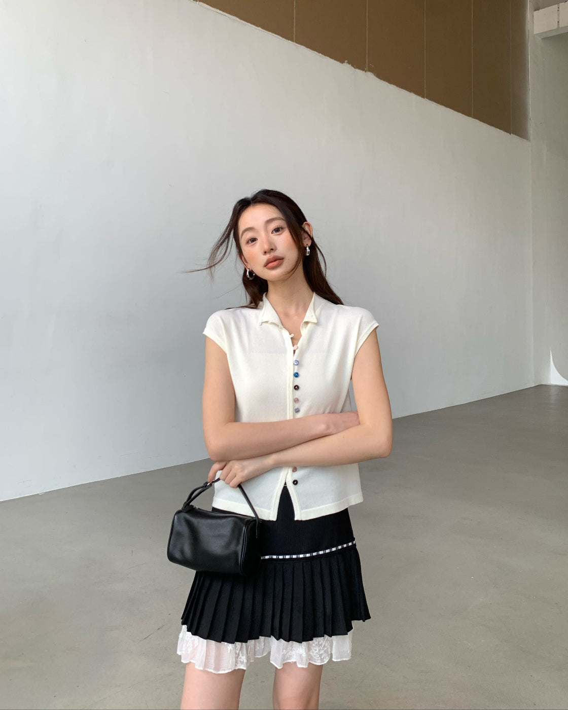Summer thin knit top with elegant mock neck, slim fit and slimming T-shirt style