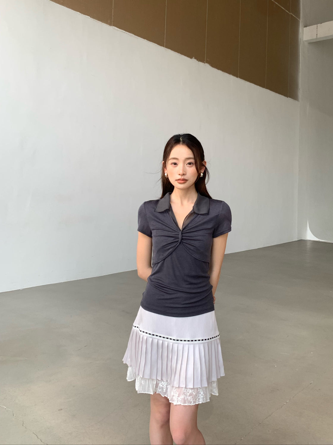 Tencel wool designer lapel top, pleated short-sleeve summer T-shirt