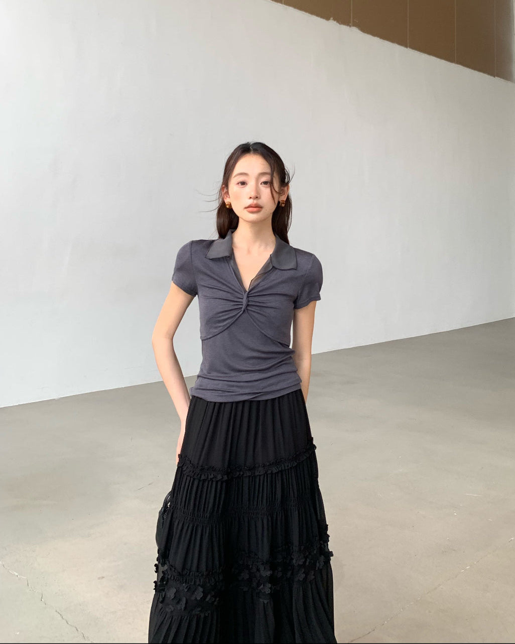 Tencel wool designer lapel top, pleated short-sleeve summer T-shirt