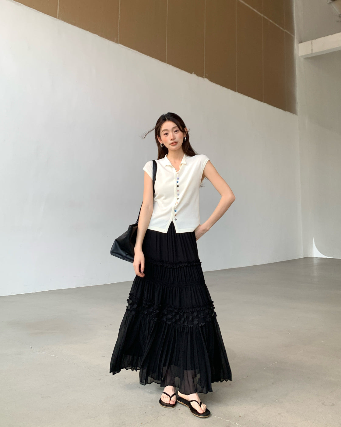 Summer thin knit top with elegant mock neck, slim fit and slimming T-shirt style