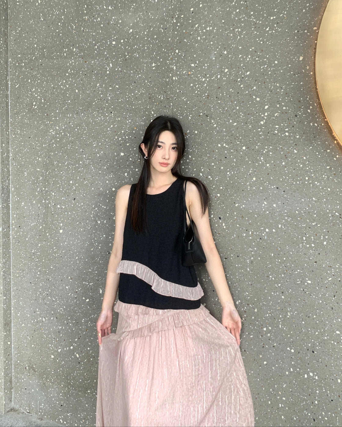 「粉墨」OP復古設計感少女氣質掛脖層次小眾粉色連衣裙