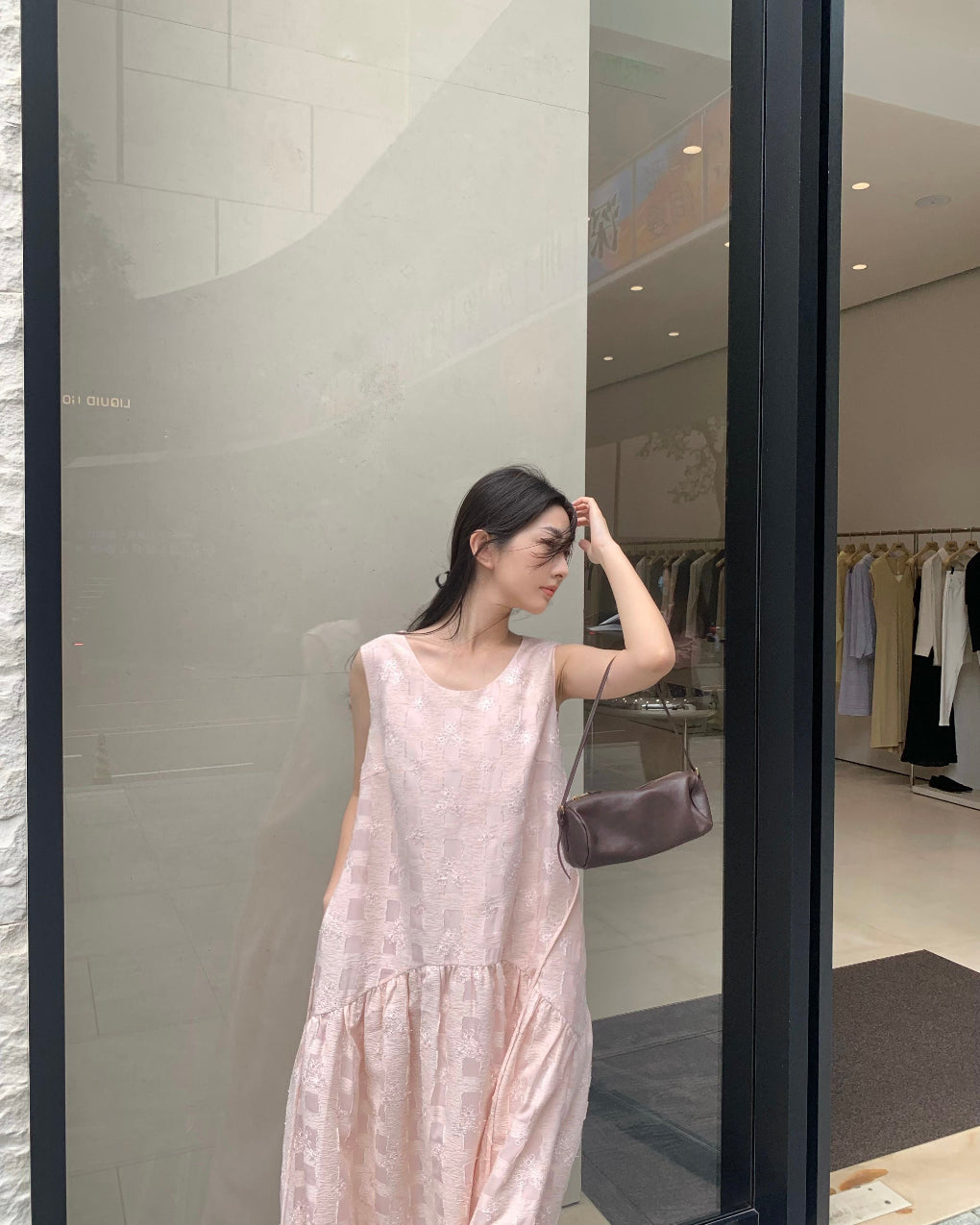 Pink custom heavy-fabric designer dress with beautiful silhouette and tailoring