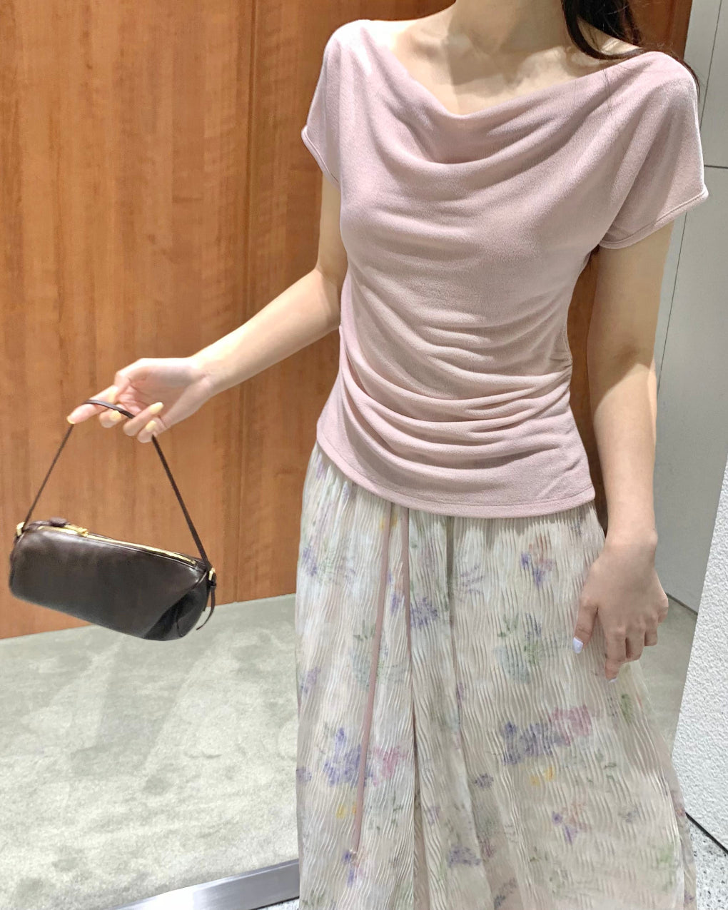 Draped-neck T-shirt, elegant commuter intellectual short-sleeve slightly stretchy designer tee