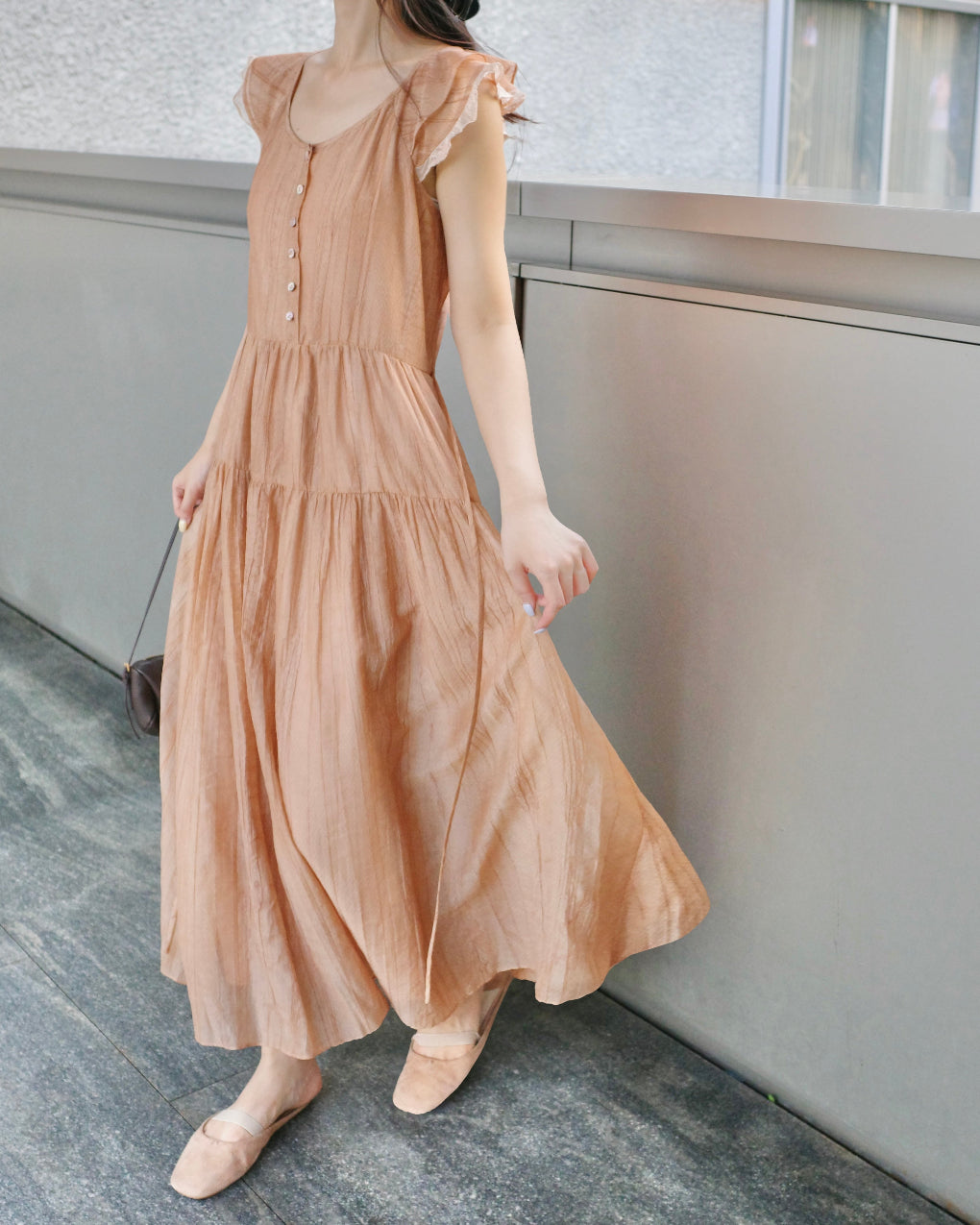 Short-sleeve flutter-sleeve loose large A-line flowing vintage long dress