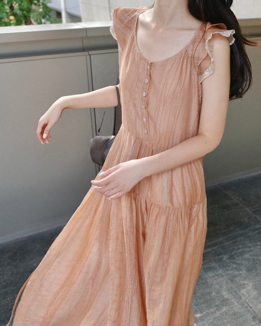 Short-sleeve flutter-sleeve loose large A-line flowing vintage long dress