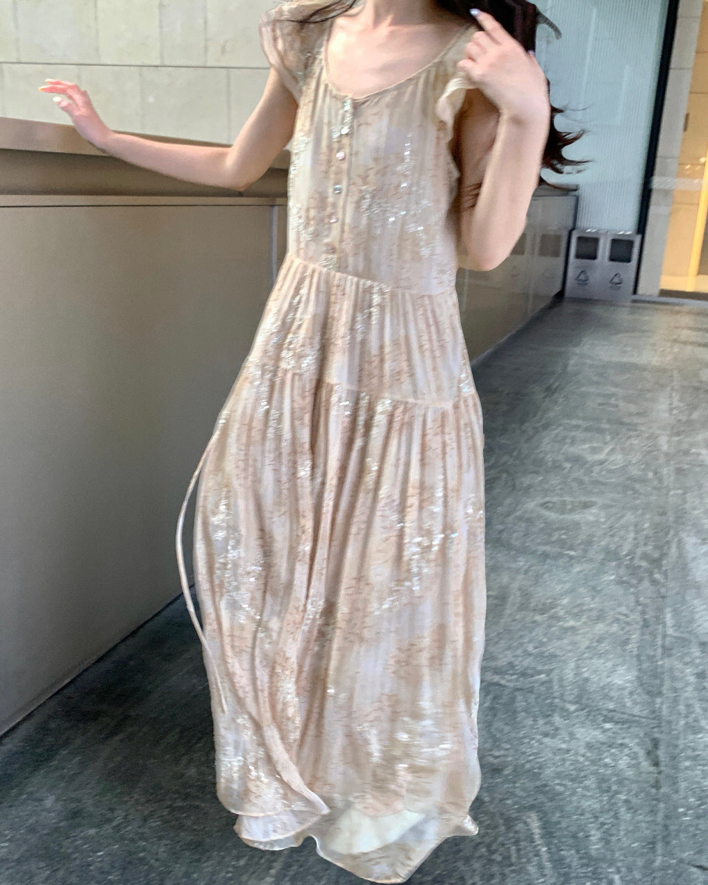 Short-sleeve flutter-sleeve loose large A-line flowing vintage long dress