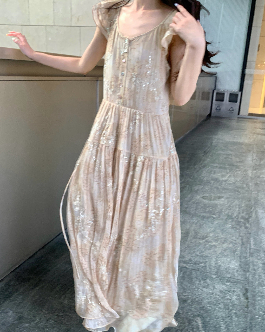 Short-sleeve flutter-sleeve loose large A-line flowing vintage long dress