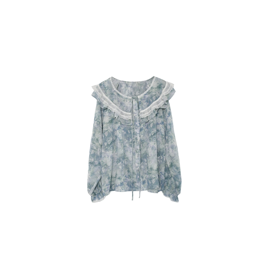 Blue-and-white porcelain ruched lightweight sheer long-sleeve summer sun-protective shirt