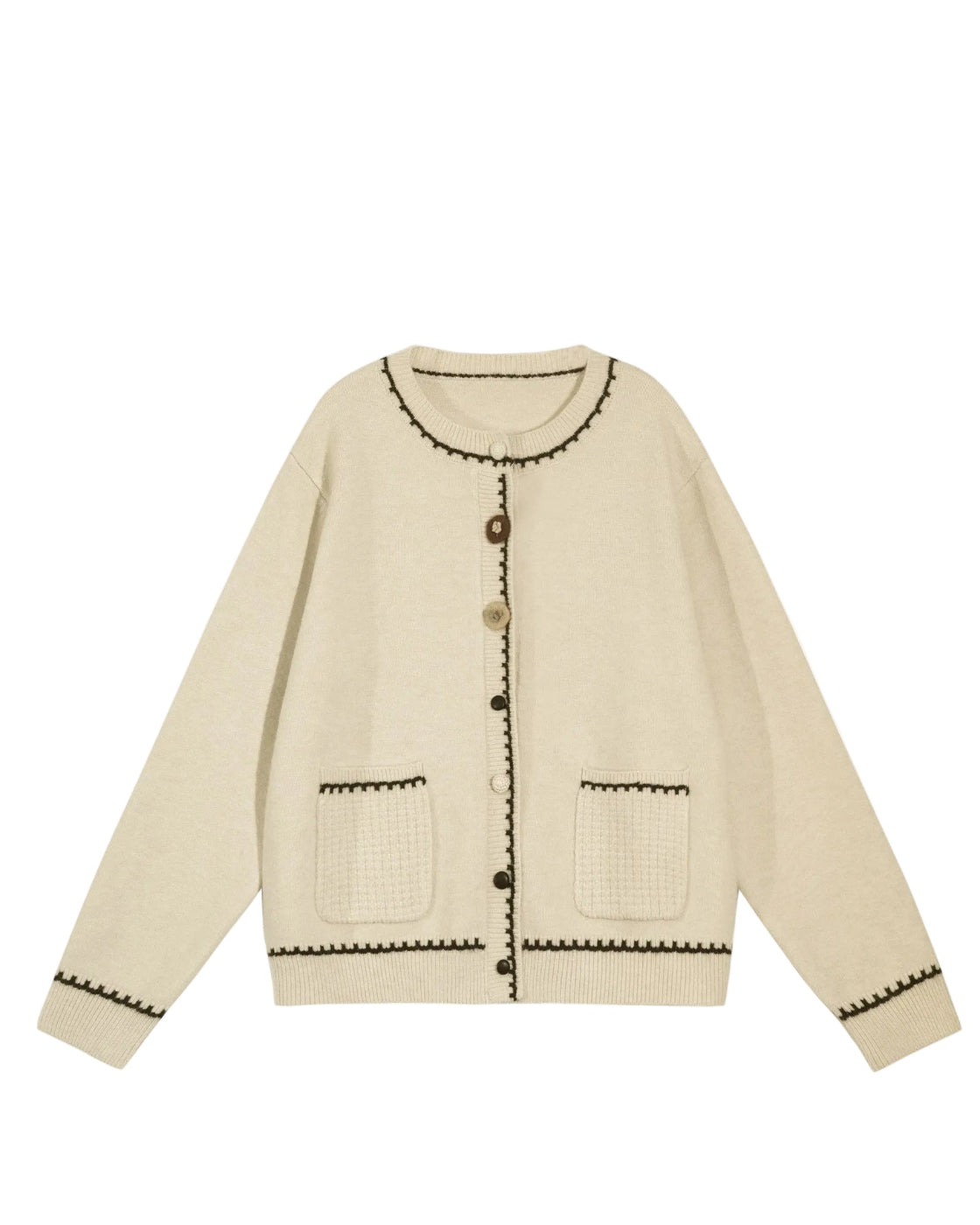 バイカラー & ポップコーン編み ソフト構築カーディガン