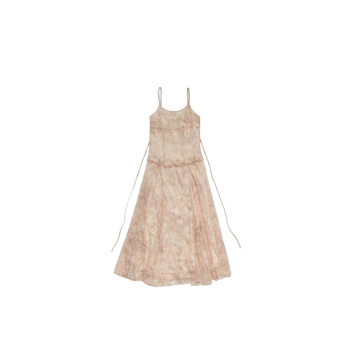 Brightening and slimming gentle waist-cinching pink floral camisole dress with large skirt hem