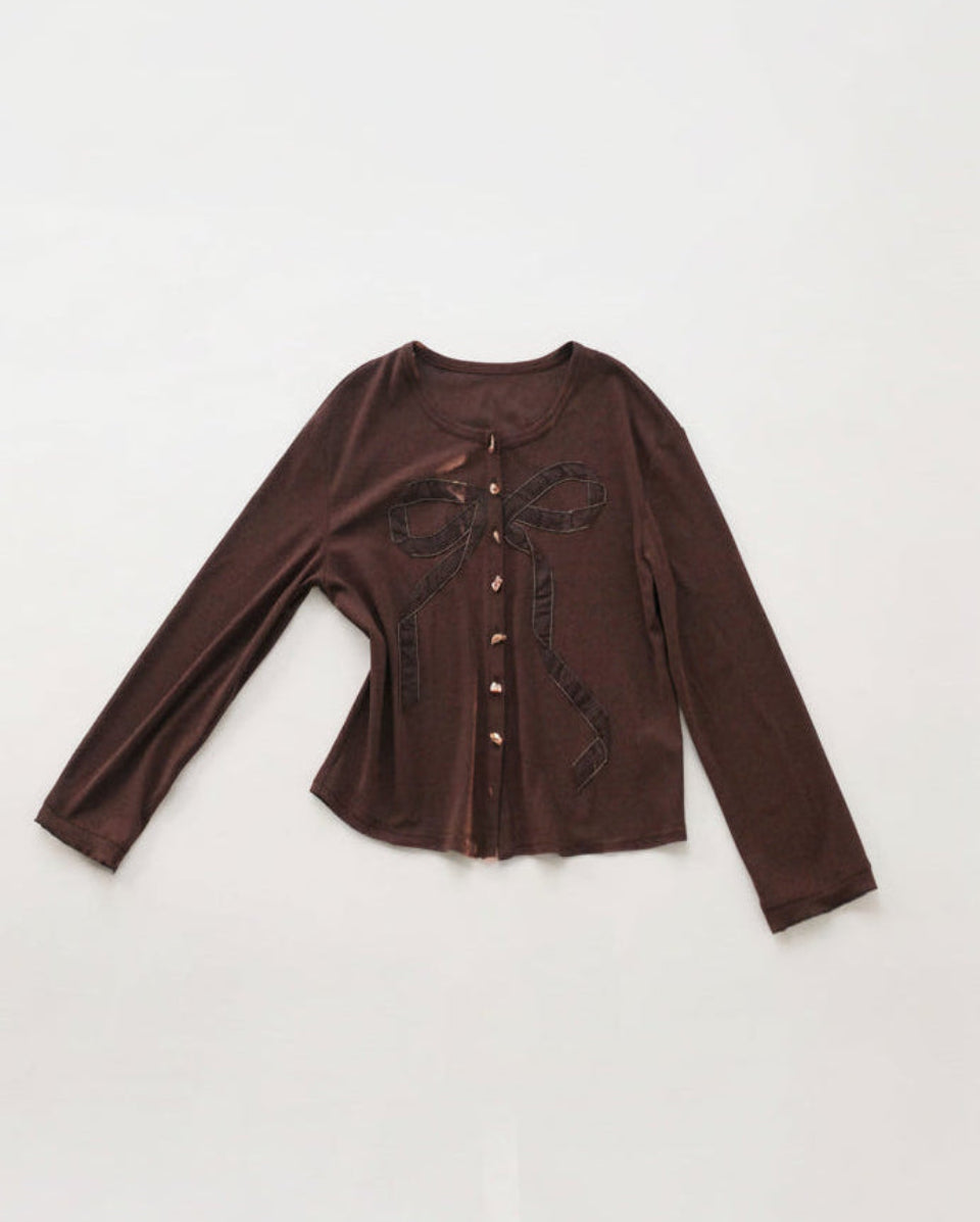 甜渍Sheer Knit Open-Front Cardigan with Bow Detail
