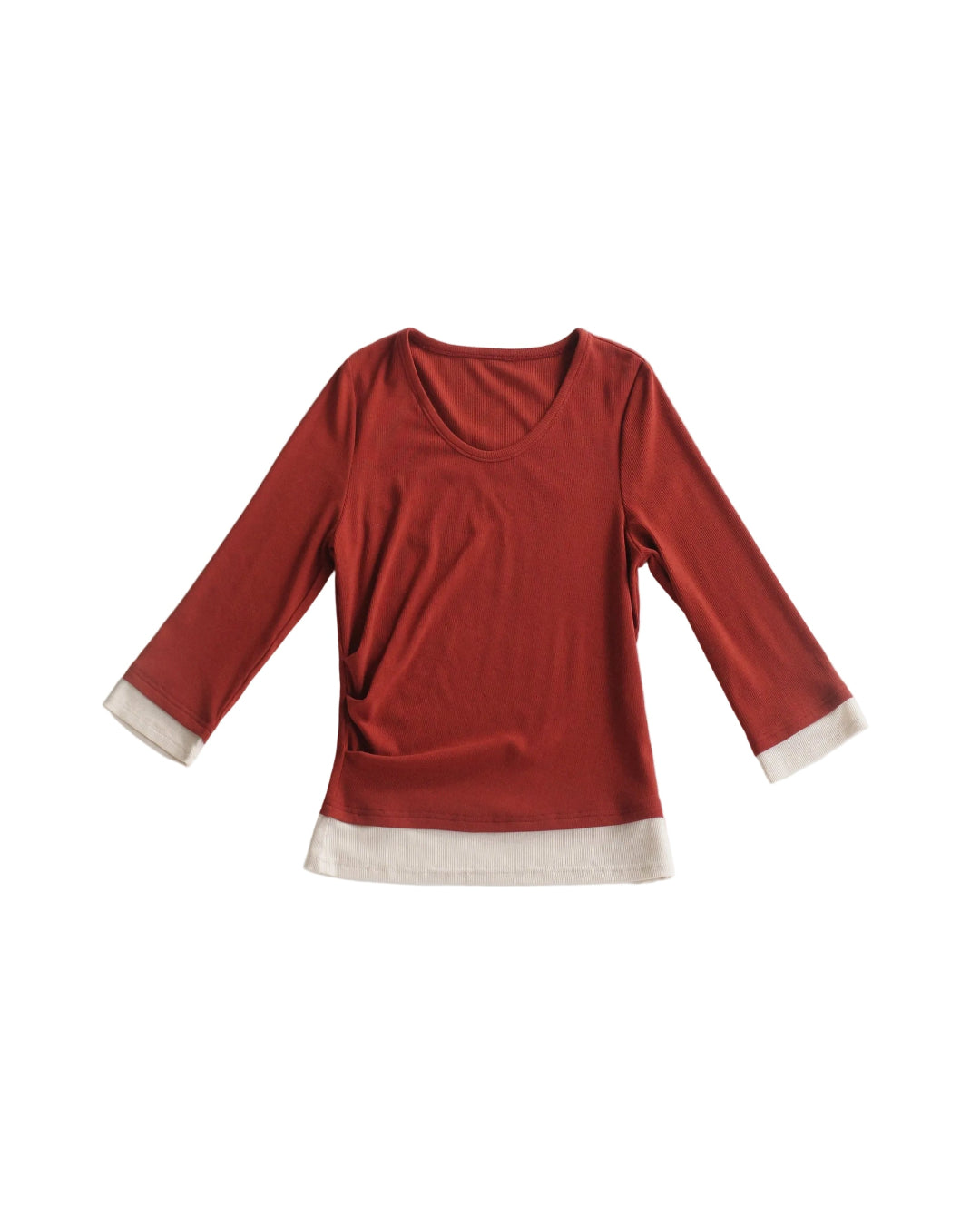 Fitted Mid-Sleeve Ribbed Top with Contrast Detail