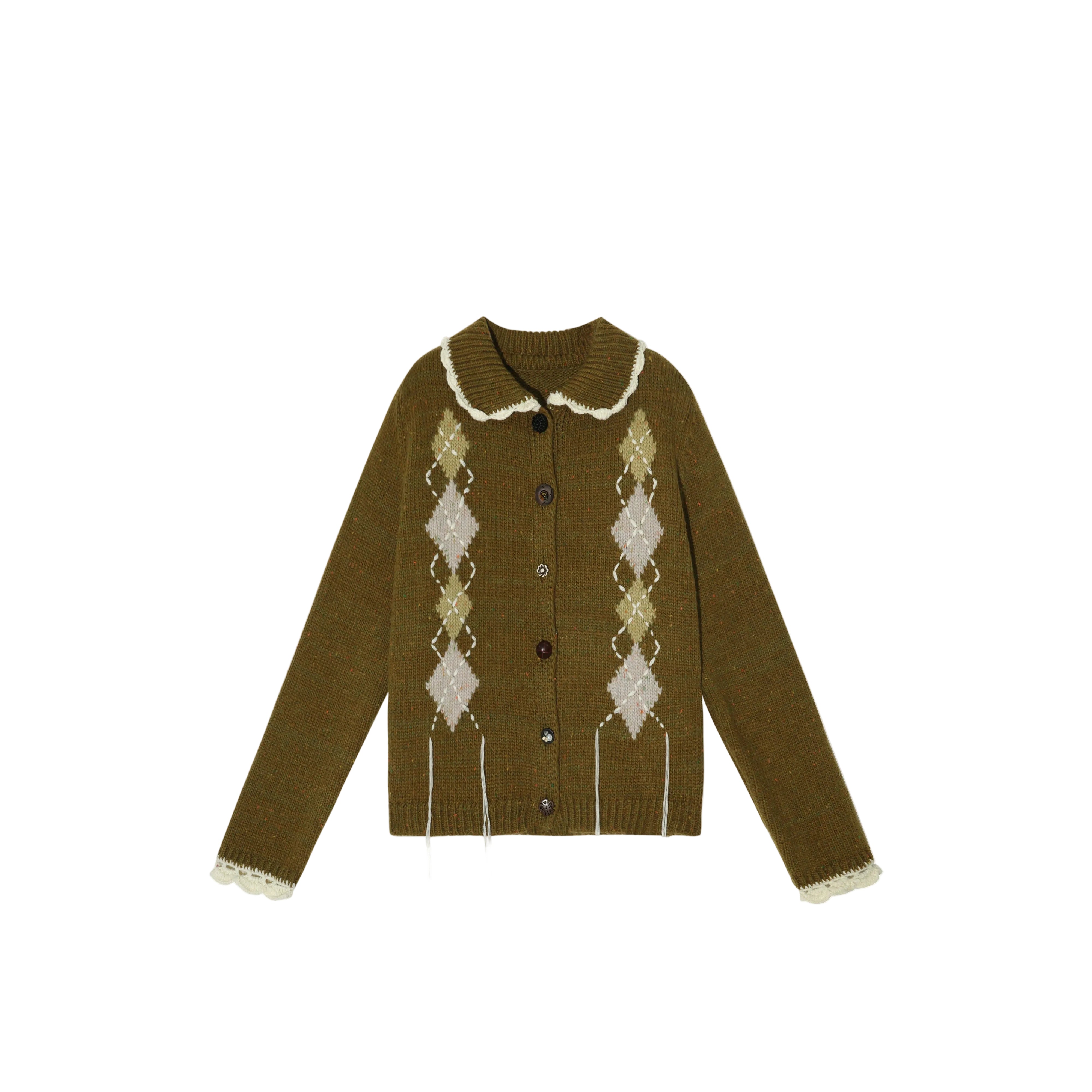 Handmade Vintage Diamond Pattern Knit Cardigan with Turn-Down Collar