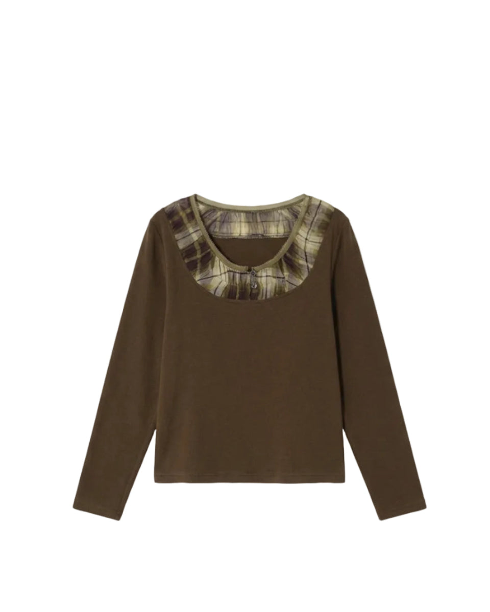 斑影Fitted Long-Sleeve Top with Organza Neckline Splice