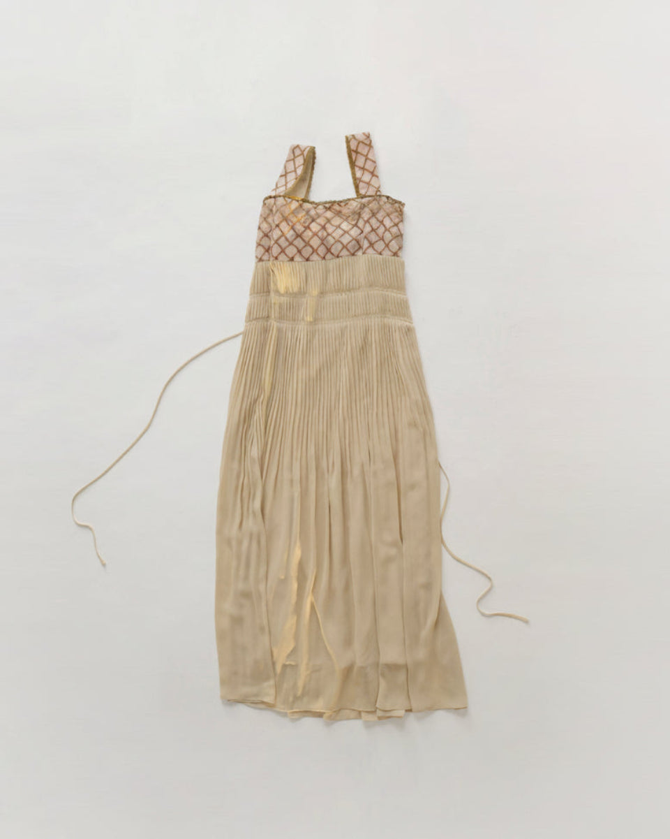 古董Flowy Midi Slip Dress with Lace Splice & Waist Belt