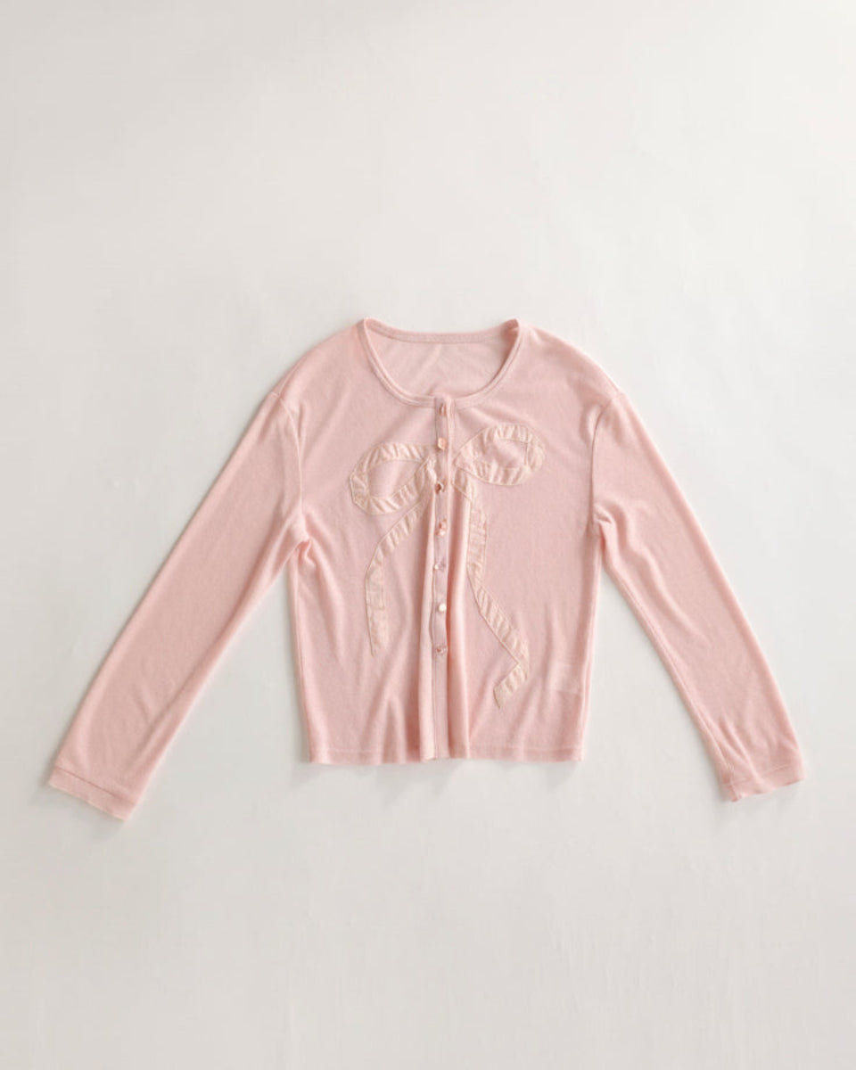 甜渍Sheer Knit Open-Front Cardigan with Bow Detail