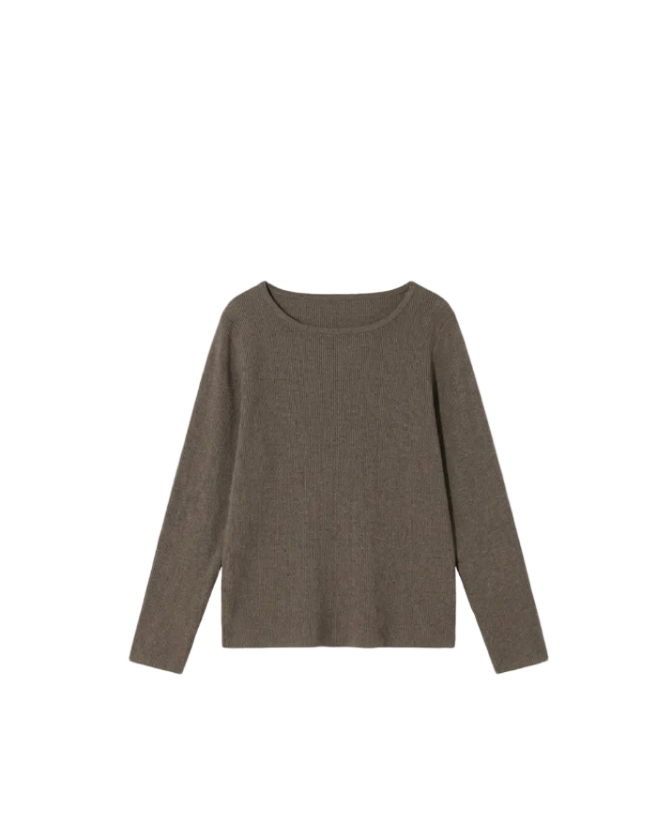 悠悠Ribbed Boat-Neck Mid-Sleeve Fitted Top