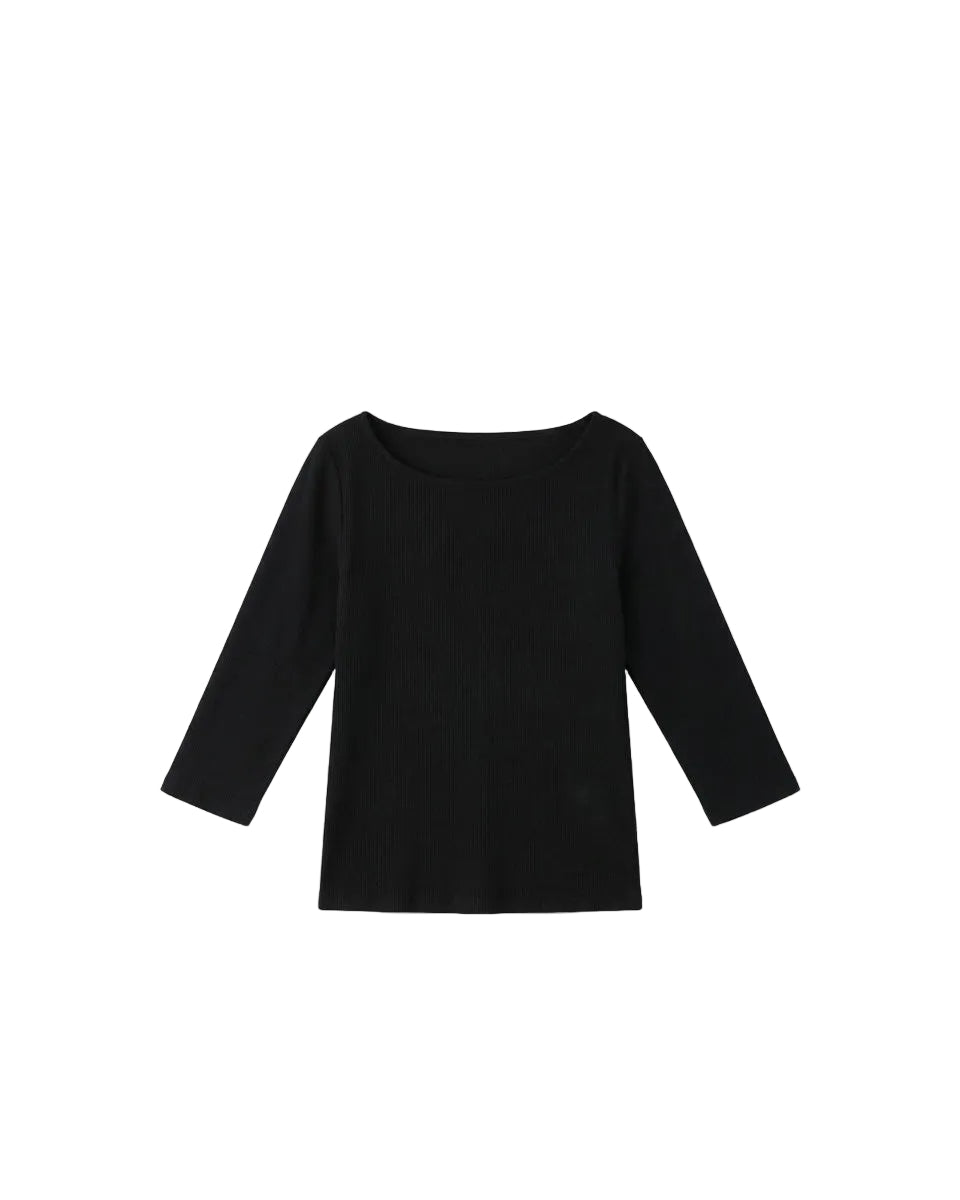悠悠Ribbed Boat-Neck Mid-Sleeve Fitted Top