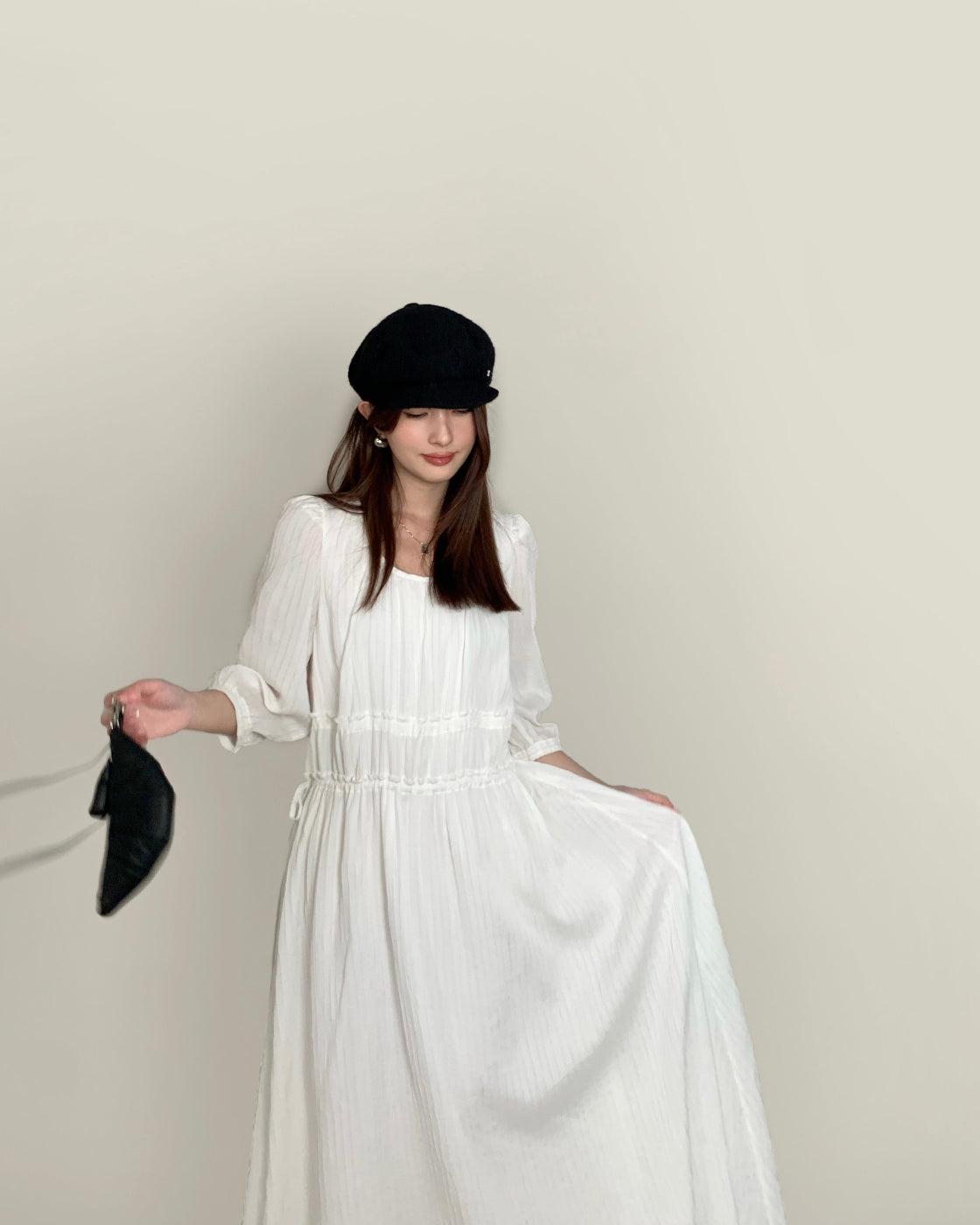 Commute-style short-sleeved fitted round-neck loose-fitting dress